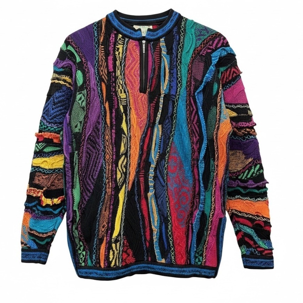Coogi Australia Vintage 3D Knit Sweater Mens Small Multi Color 1/4 Zip Cotton